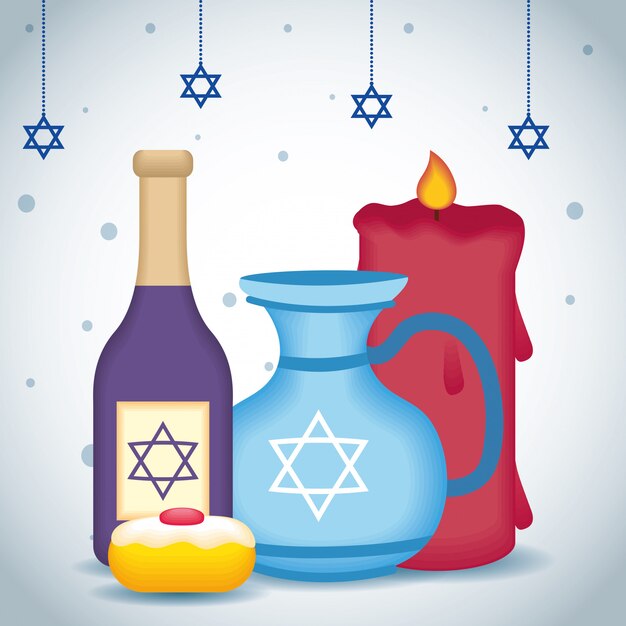 Heureuse Illustration De Hanukkah Avec Bouteille De Vin Et Théière