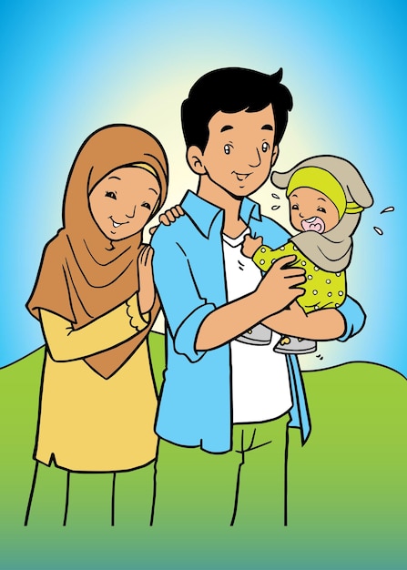 Heureuse Illustration Vectorielle De Famille Musulmane Asiatique