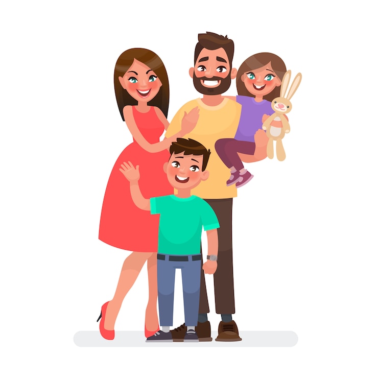 Vecteur heureuse jeune famille. papa, maman, fils et fille ensemble.