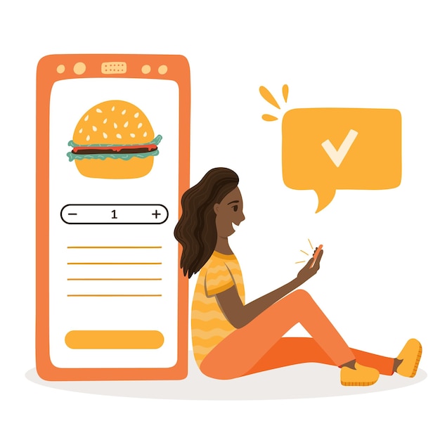 Heureuse jeune femme assise derrière un grand téléphone et commander de la nourriture en ligne via une application mobile Dame africaine choisissant un hamburger autre restauration rapide et boisson sur le menu en ligne sur smartphone Concept de service de livraison de nourriture