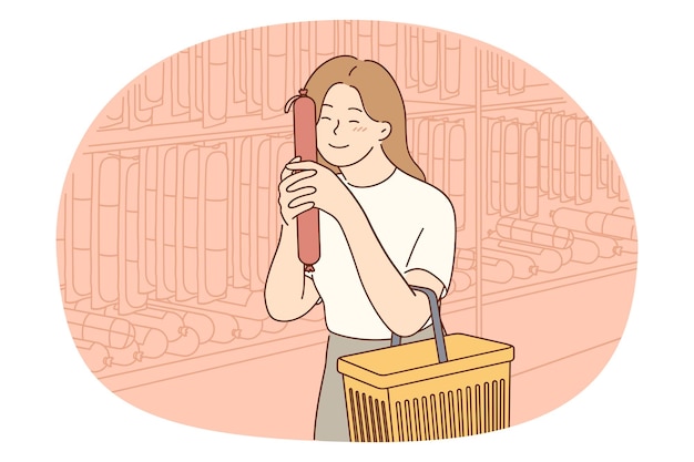 Heureuse Jeune Femme épicerie Au Supermarché Tenir Dans Les Mains Câlin Saucisse De Salami Jeune Fille Souriante Acheter Des Produits Dans La Boutique Excitée Par Le Choix De La Viande Style De Vie Gastronomique Illustration Vectorielle