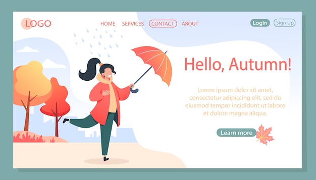 Heureuse jeune femme avec parapluie se promène dans le parc sous la pluie, paysage d'automne, conception de pages web.
