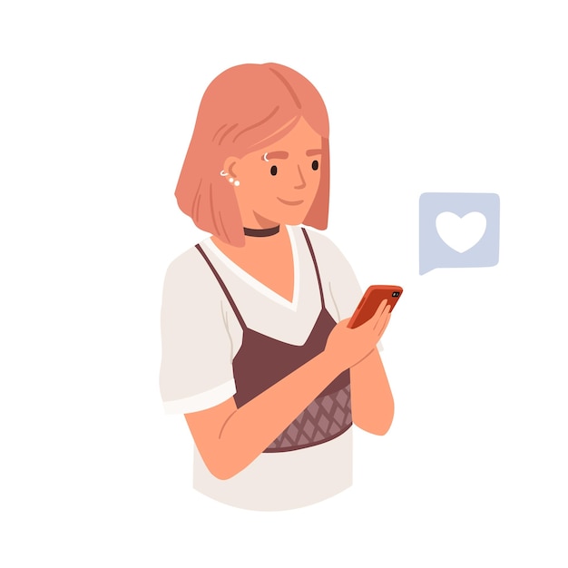 Heureuse Jeune Femme Avec Smartphone à L'aide De L'application De Réseaux Sociaux. Adolescent Moderne Avec Téléphone Portable Surfant Sur Internet Et Obtenant Des Goûts. Illustration Vectorielle Plane Colorée Isolée Sur Fond Blanc.