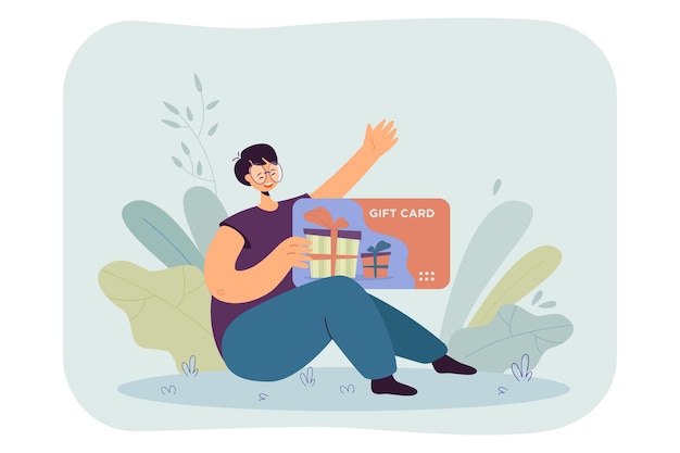 Heureuse Jeune Femme Tenant Une Carte-cadeau. Gagner Une Récompense Ou Un Prix Dans Une Boutique Ou Un Magasin D'illustration Vectorielle à Plat. Carte-cadeau D'achat, Concept De Consommation Pour La Bannière, La Conception De Sites Web Ou La Page Web De Destination