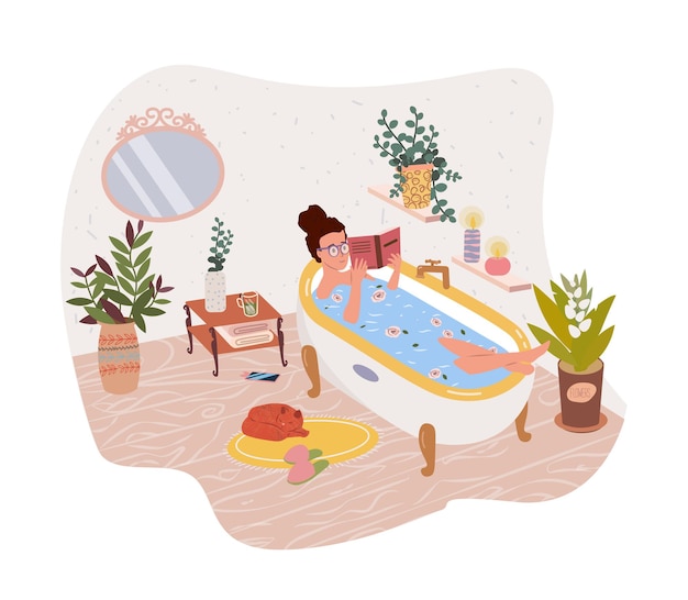 Heureuse Jolie Femme Fille Allongée Dans La Baignoire Et Lisant Un Livre Illustration Vectorielle Plane Personnage De Dessin Animé Féminin Prenant Un Bain Et Se Relaxant Relaxation Spa Méditation Se Détendre Loisirs Mode De Vie Sain