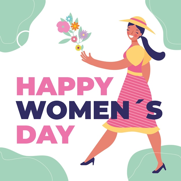 Heureuse Journée De La Femme Avec Femme Avec Bouquet De Fleurs Illustration Vectorielle