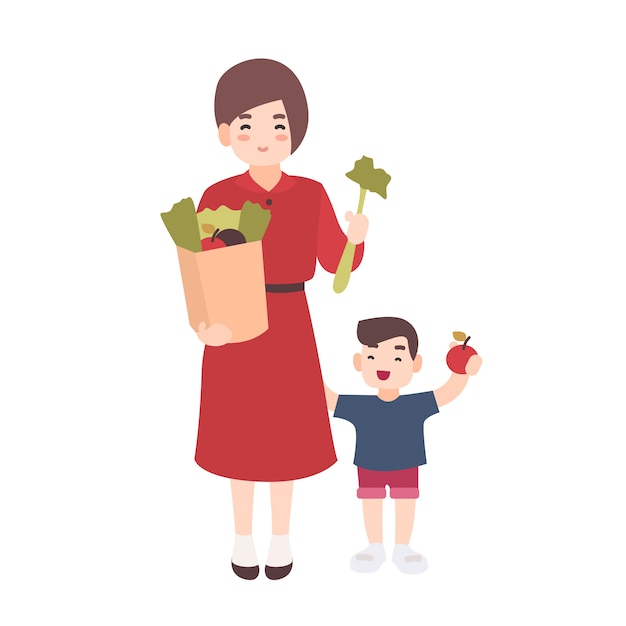 Heureuse Maman Et Petit Fils Tenant Des Fruits Et Légumes. Mère Souriante Et Son Enfant Portent Des Aliments Sains. Personnages De Dessins Animés Plats Mignons Isolés Sur Fond Blanc. Illustration Colorée.