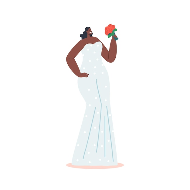 Vecteur heureuse mariée noire personnage féminin en robe blanche à pois imprimé tenant le bouquet dans les mains pendant la cérémonie de mariage