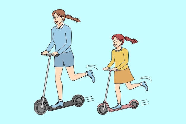 Heureuse Mère Et Enfant Faisant Du Scooter