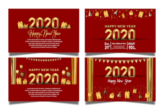Heureuse Nouvelle Année 2020 Sur Fond Rouge Sertie D'un Ballon Suspendu, D'une Boîte-cadeau, D'un Ballon Et De Paillettes
