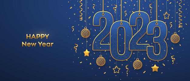 Heureuse nouvelle année 2023 accrochée aux numéros de cordes d'or 2023 avec des boules d'étoiles métalliques 3D brillantes et des confettis sur fond bleu Modèle de bannière de carte de voeux de nouvel an Illustration vectorielle réaliste