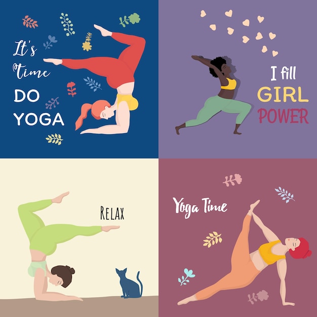 Heureuses femmes surdimensionnées en position de yoga pour la motivation Il est temps de faire du yoga Sports santé corps positif