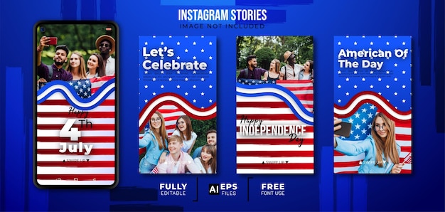 Vecteur heureux 4 juillet fond médias sociaux mis modèle d'histoires instagram avec smartphone