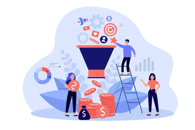 Heureux analystes analysant le marché via une illustration plate de médias sociaux. Personnages de dessins animés travaillant avec le cycle de marketing et le système publicitaire. Stratégie de vente, concept d'entonnoir de référencement et de marketing