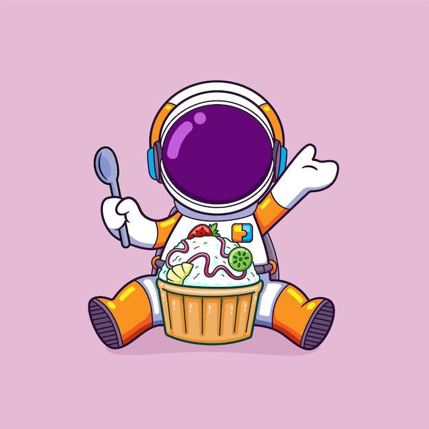 Vecteur l'heureux astronaute a encore faim et va manger un dessert avec une tarte sucrée