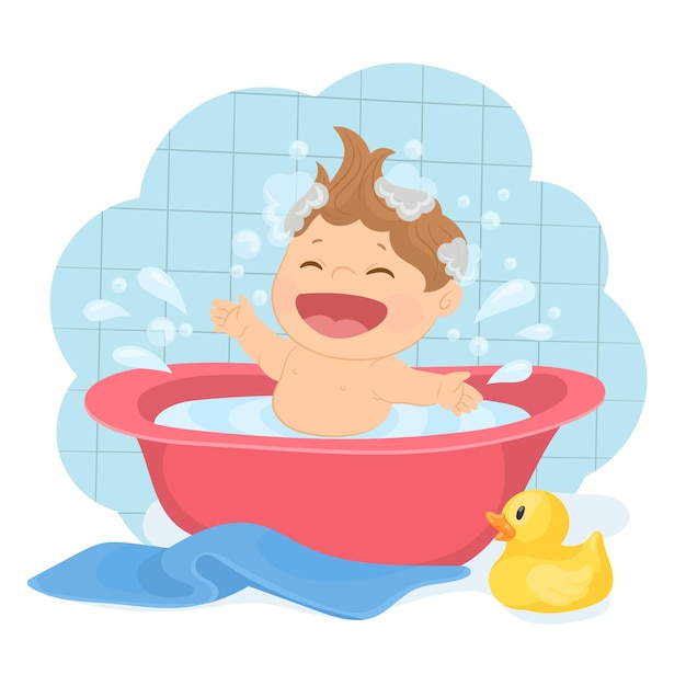 Vecteur heureux bébé riant prenant un bain jouant avec des bulles de mousse