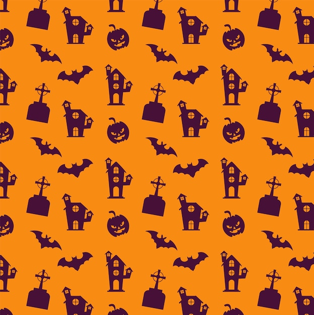 Heureux cimetières d'halloween et maisons houtées avec motif de citrouilles.