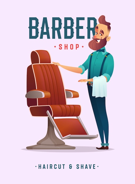 Heureux coiffeur barbu à la mode vous invite à une chaise Conception d'affiche de salon de coiffure