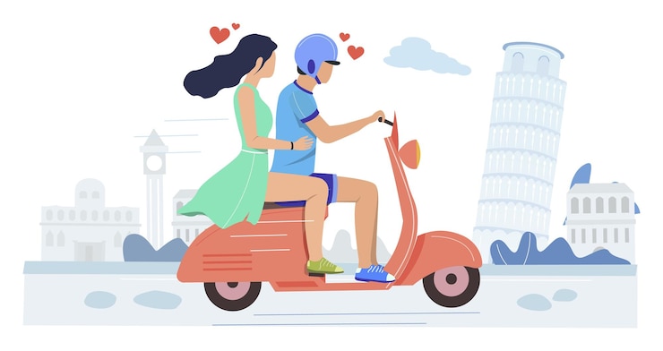 Vecteur heureux couple amoureux équitation scooter illustration vectorielle vacances d'été vacances romantiques