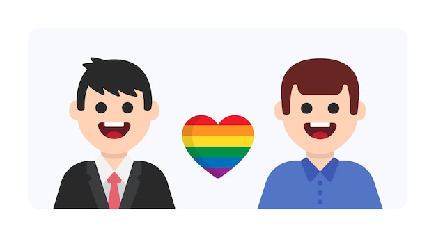 Heureux couple gay avec forme de coeur arc-en-ciel au design plat. Concept de communauté LGBTQ