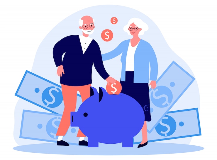 Vecteur heureux couple de personnes âgées économiser de l'argent