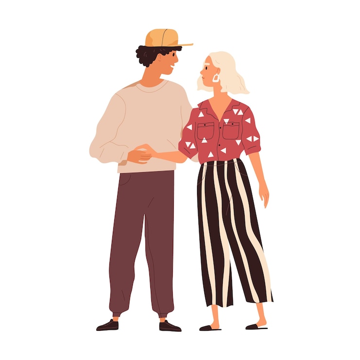 Vecteur heureux couple romantique se tenant la main et se regardant. jeune homme moderne confessant son amour à la femme. petit ami et petite amie amoureux. illustration vectorielle plane isolée sur fond blanc.