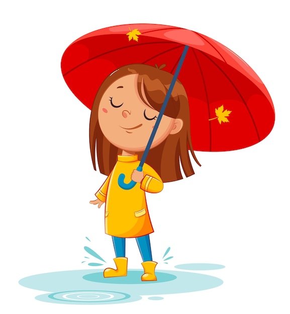 Vecteur heureux enfant drôle dans des bottes en caoutchouc debout sous un parapluie, automne pluvieux. fille joyeuse