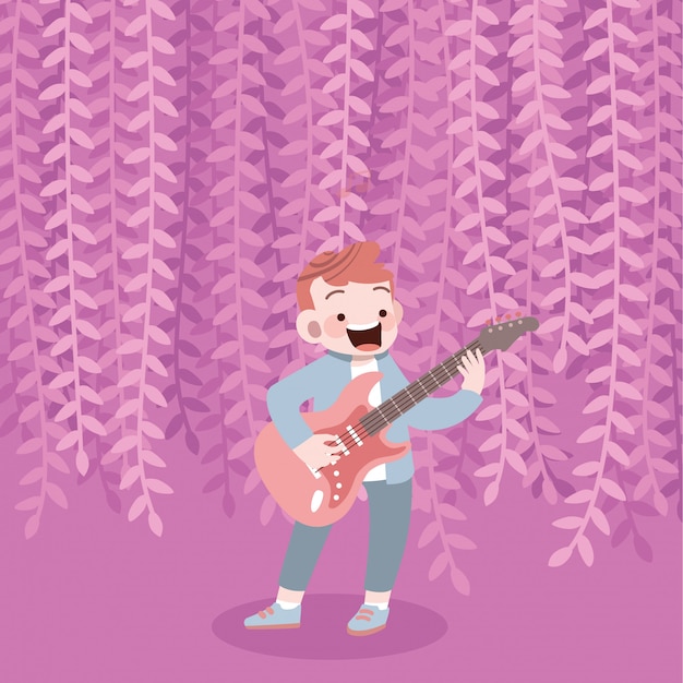 Vecteur heureux enfant mignon jouer illustration vectorielle de musique guitare
