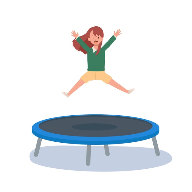 Vecteur heureux enfant mignon sourire sauter sur le trampoline illustration de dessin animé de vecteur plat