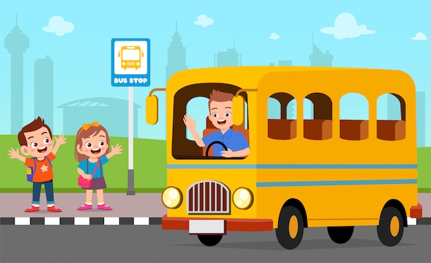 Vecteur heureux enfants mignons attendent le bus scolaire avec des amis
