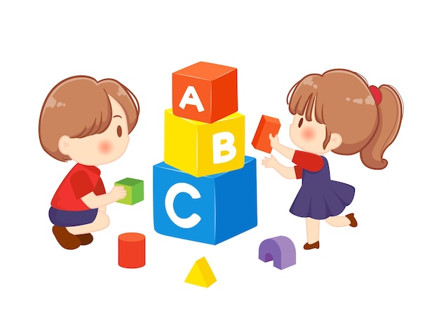 Heureux Les Enfants Mignons Jouent Ensemble Au Bloc De Briques De L'alphabet Abc