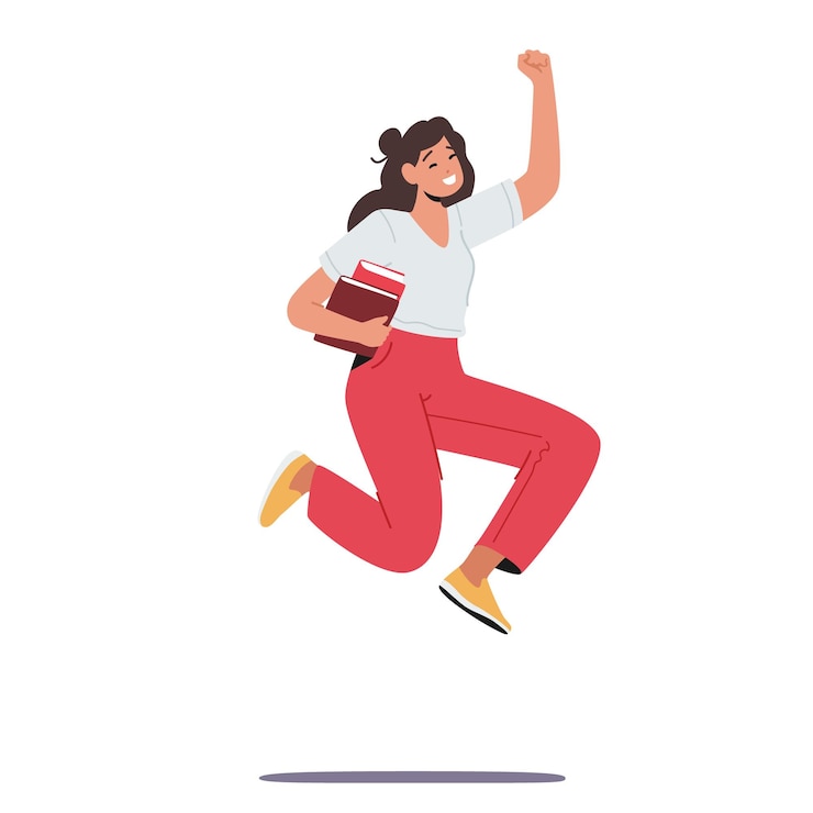 Vecteur heureux étudiant personnage féminin sautant avec des manuels scolaires à la main écolière saluant la nouvelle année scolaire retour à l'école