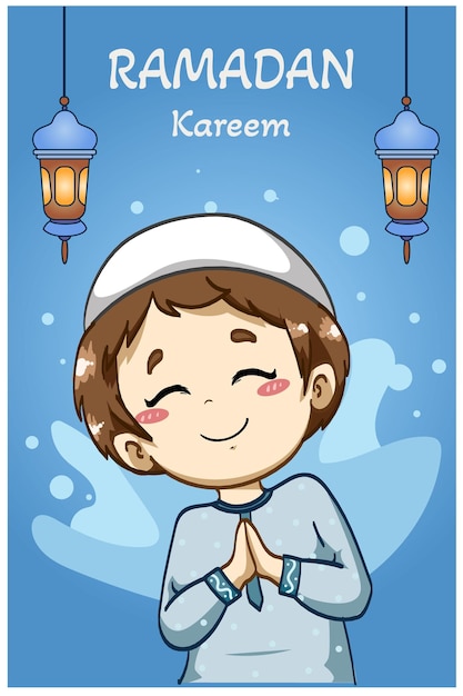 Heureux Garçon Musulman Saluant Illustration De Dessin Animé Ramadan Kareem