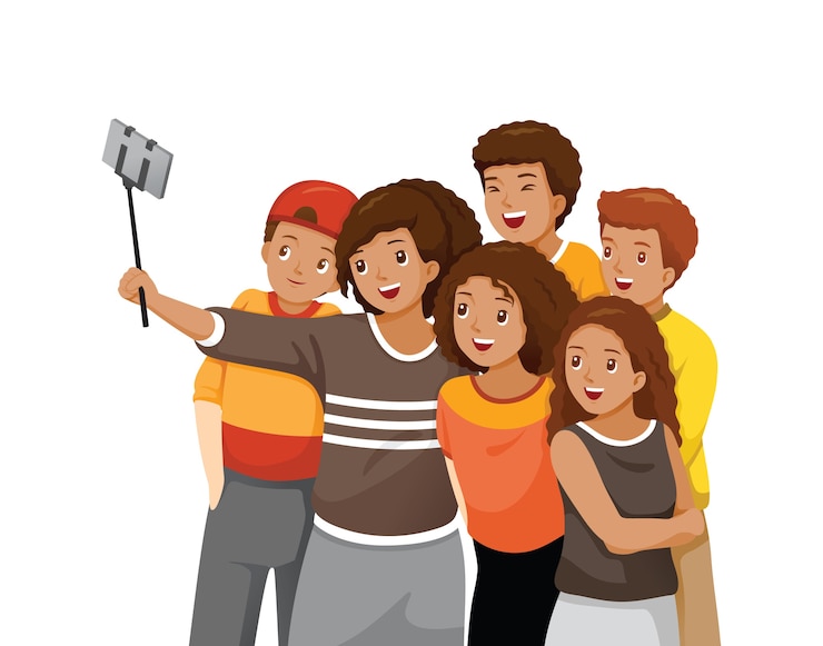 Vecteur heureux groupe d'adolescents prenant selfie