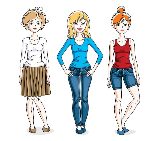 Vecteur heureux groupe de jeunes filles adultes debout portant des vêtements décontractés à la mode. ensemble d'illustrations de personnes vectorielles.