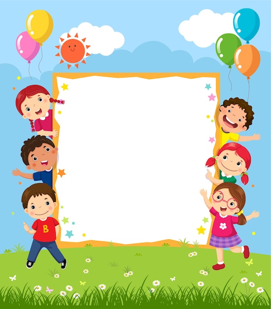 Vecteur heureux groupe souriant d'enfants montrant un tableau blanc