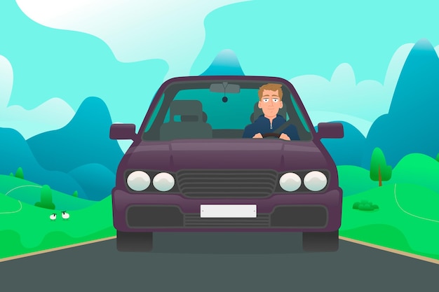 Heureux homme au volant d'une voiture violette conducteur de berline