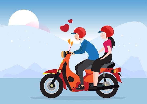 Heureux Homme Et Femme Faisant Du Scooter. Illustration De Dessin Animé De Vecteur.