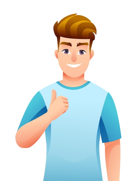 Heureux homme montrant le pouce vers le haut du personnage de dessin animé de geste