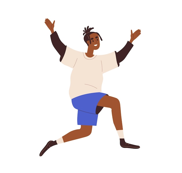 Heureux homme noir excité souriant, se réjouissant, courant avec joie, exultant. Joyeux gars ravi avec une émotion positive. Personne joyeuse joyeuse. Illustration vectorielle plane isolée sur fond blanc