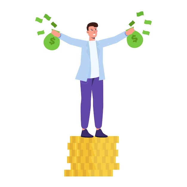 Vecteur heureux homme riche, personnage d'homme d'affaires tenant des sacs d'argent en espèces. illustration vectorielle en style cartoon.