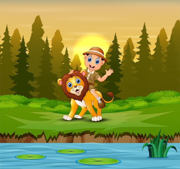 Heureux Homme Zookeeper Avec Un Lion Dans La Jungle