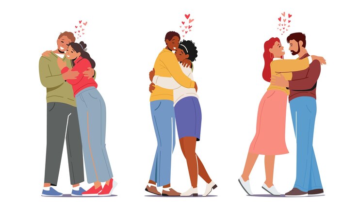 Vecteur heureux hommes et femmes embrassant et étreignant des couples d'amoureux câlin relations romantiques concept hommes femmes amants personnages datant amour connexion romance sentiments dessin animé personnes illustration vectorielle