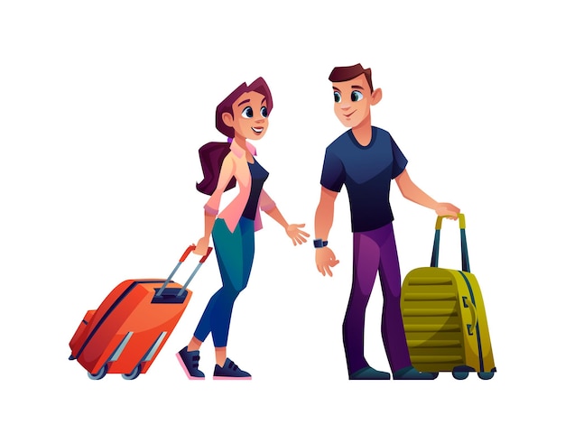 Heureux jeune couple voyageant avec des sacs valise personnages de dessins animés isolés vector homme et femme