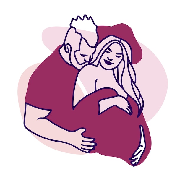 Heureux Jeunes Mariés Amoureux De La Fille Enceinte étreignant Chapeau Sourire Futurs Parents Doodle