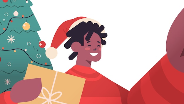 Heureux Mec Afro-américain En Bonnet De Noel Tenant La Caméra Et Prenant Selfie Près De Sapin Nouvel An Vacances De Noël Célébration Concept Illustration Vectorielle Portrait Horizontal