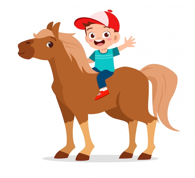 Vecteur heureux mignon enfant garçon équitation cheval