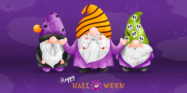 Vecteur heureux mignon halloween gnome aquarelle illustration trois nain gnome sur les vêtements d'halloweenxdxa