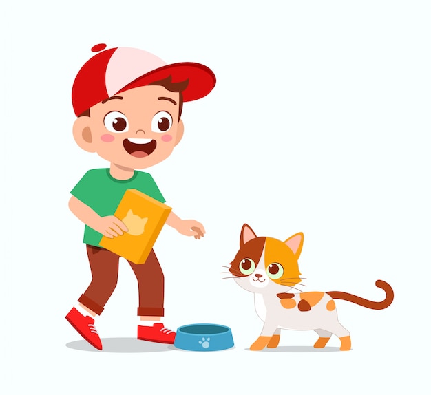 Heureux Mignon Petit Garcon Enfant Jouer Avec Un Chat Vecteur Premium