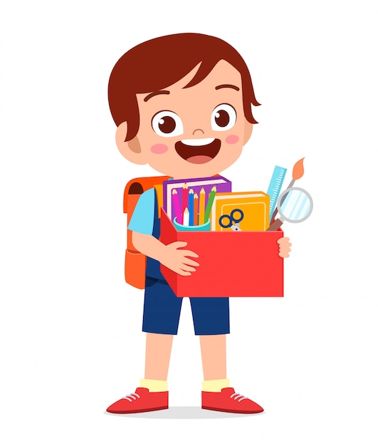 Heureux Mignon Petit Garçon Enfant Transporter Boîte De Fournitures Scolaires